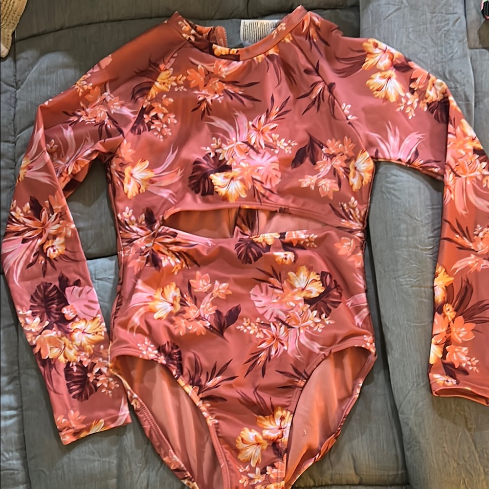 Art Class Floral Kids Swim One Piece - Pink and Orange